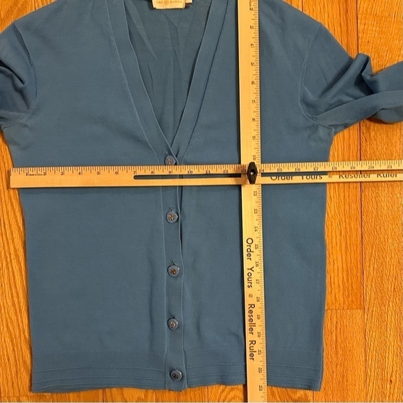 Tory Burch Color Block Solid Light Blue Cardigan Sweater Logo Buttons Sz XS - Picture 9 of 9